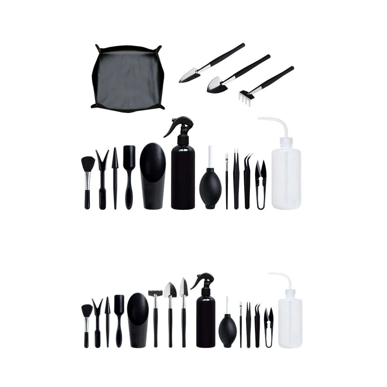 Black plastic and metal succulent gardening tool set with 16 pieces including scissors, shovel, watering bottle, and cushion.