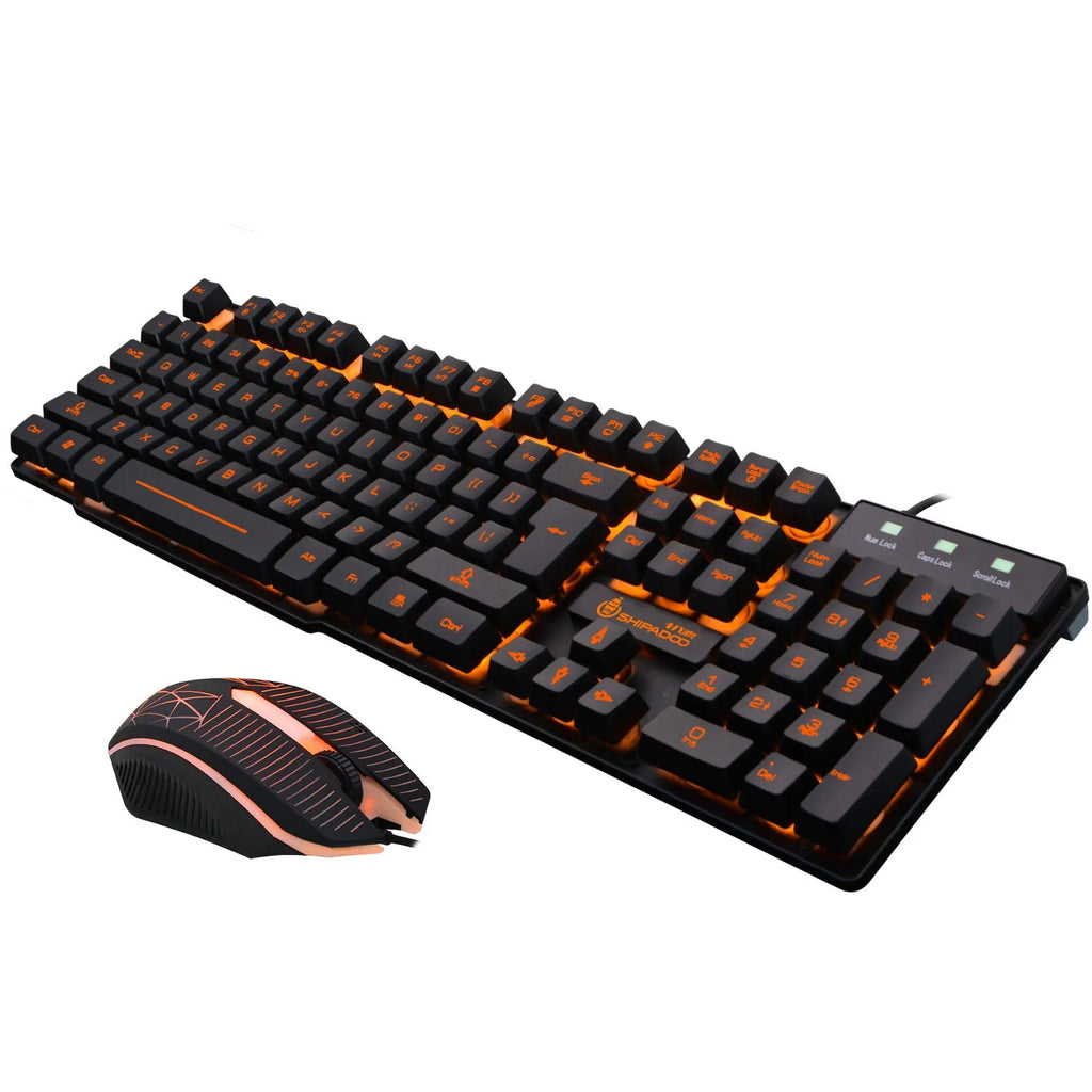 Mechanical touch wired keyboard set with metal bottom plate and orange luminous backlight, USB connection