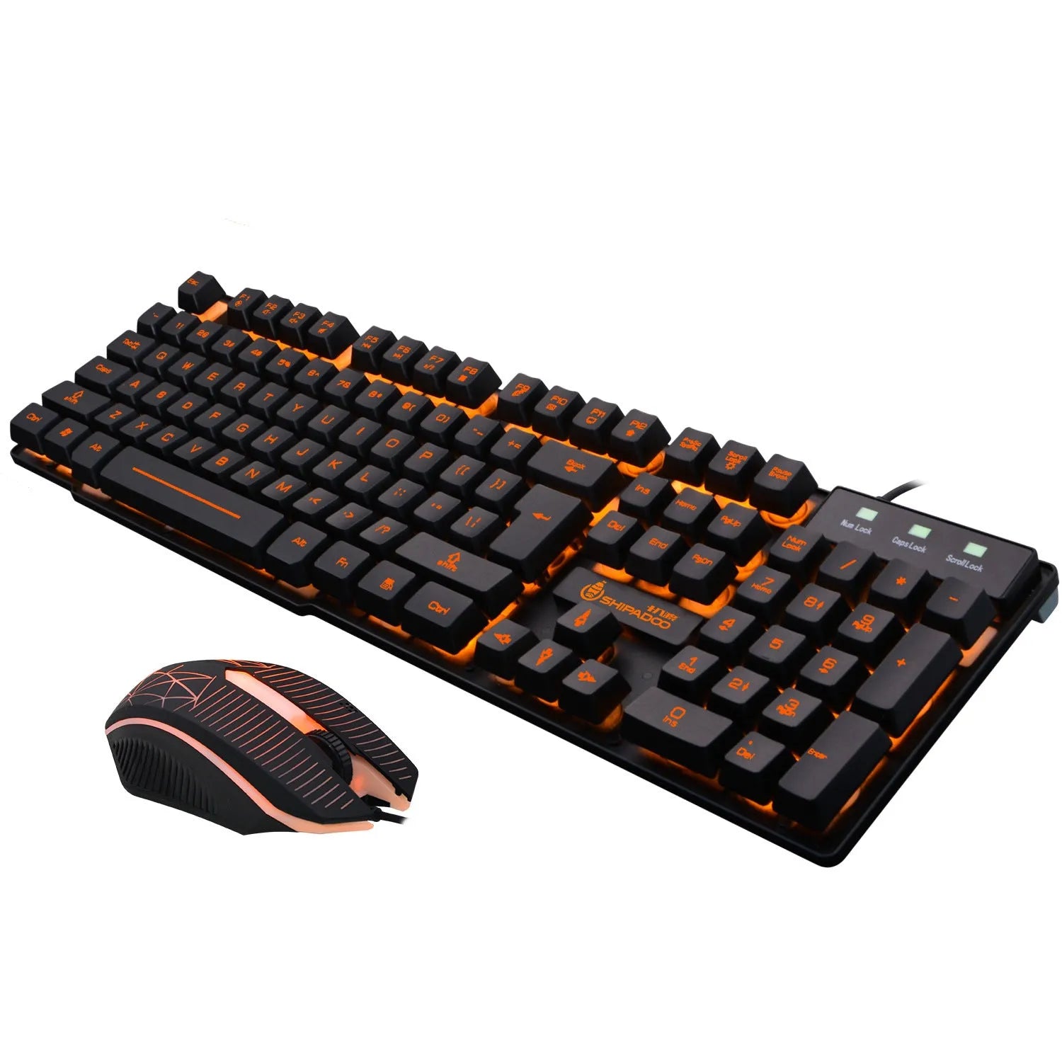 Mechanical touch wired keyboard set with metal bottom plate and orange luminous backlight, USB connection
