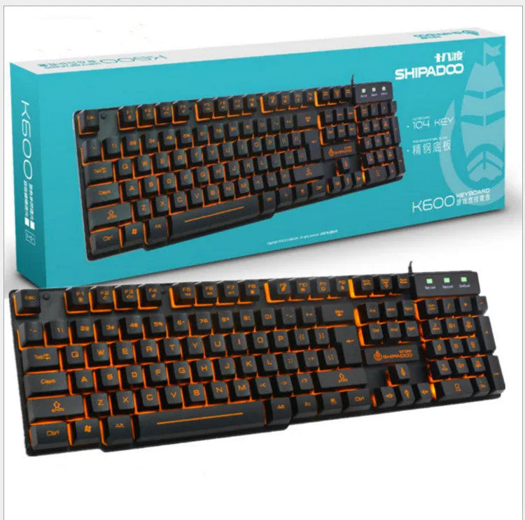 Mechanical touch wired keyboard set with metal bottom plate and orange luminous backlight, USB connection