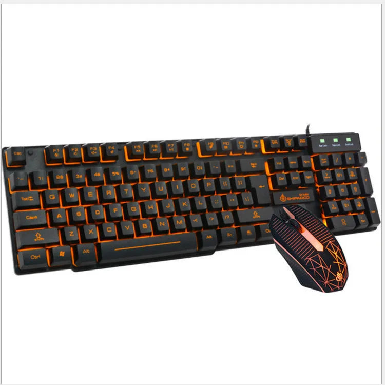 Mechanical touch wired keyboard set with metal bottom plate and orange luminous backlight, USB connection