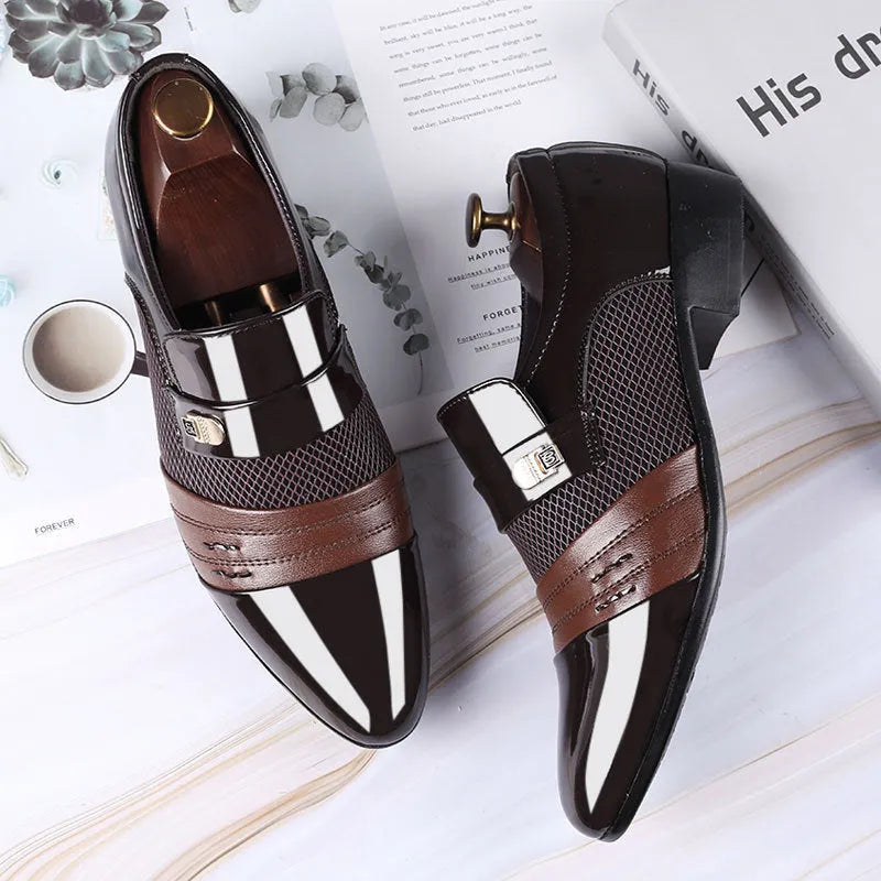 Men's pointed toe leather-style shoes in black with low-top business design and rubber sole
