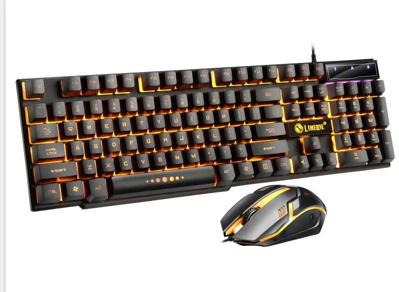 Limei GTX300 white and black gaming keyboard and mouse set on a desktop