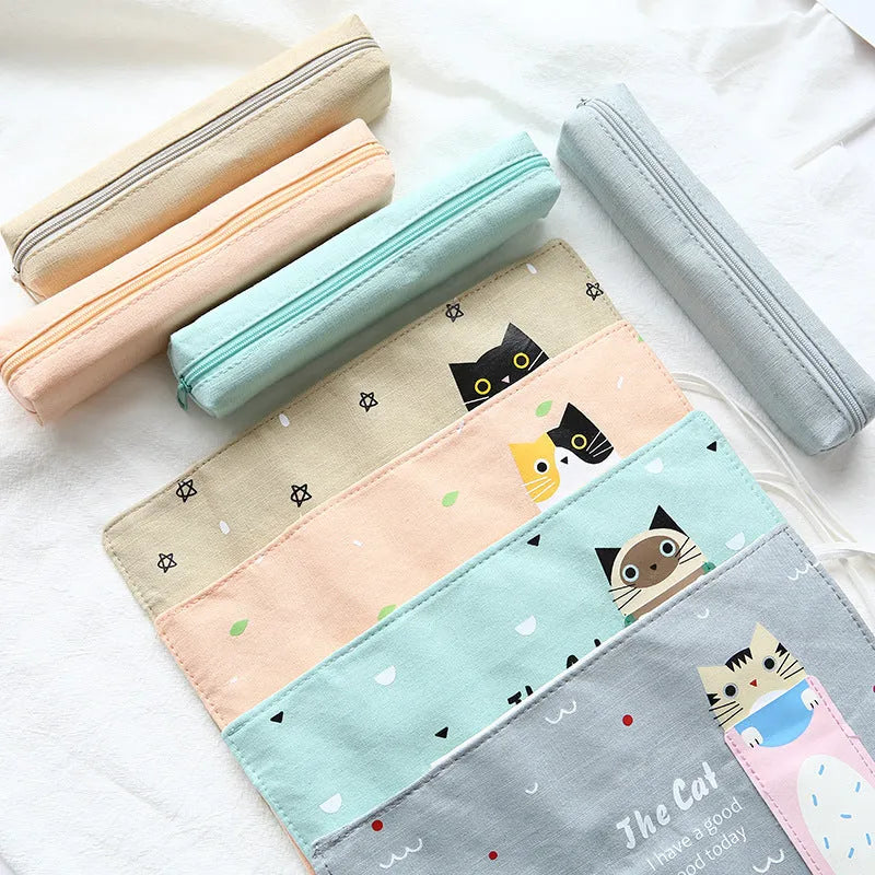 Korean cartoon cat design pencil case in four colour options for student stationery