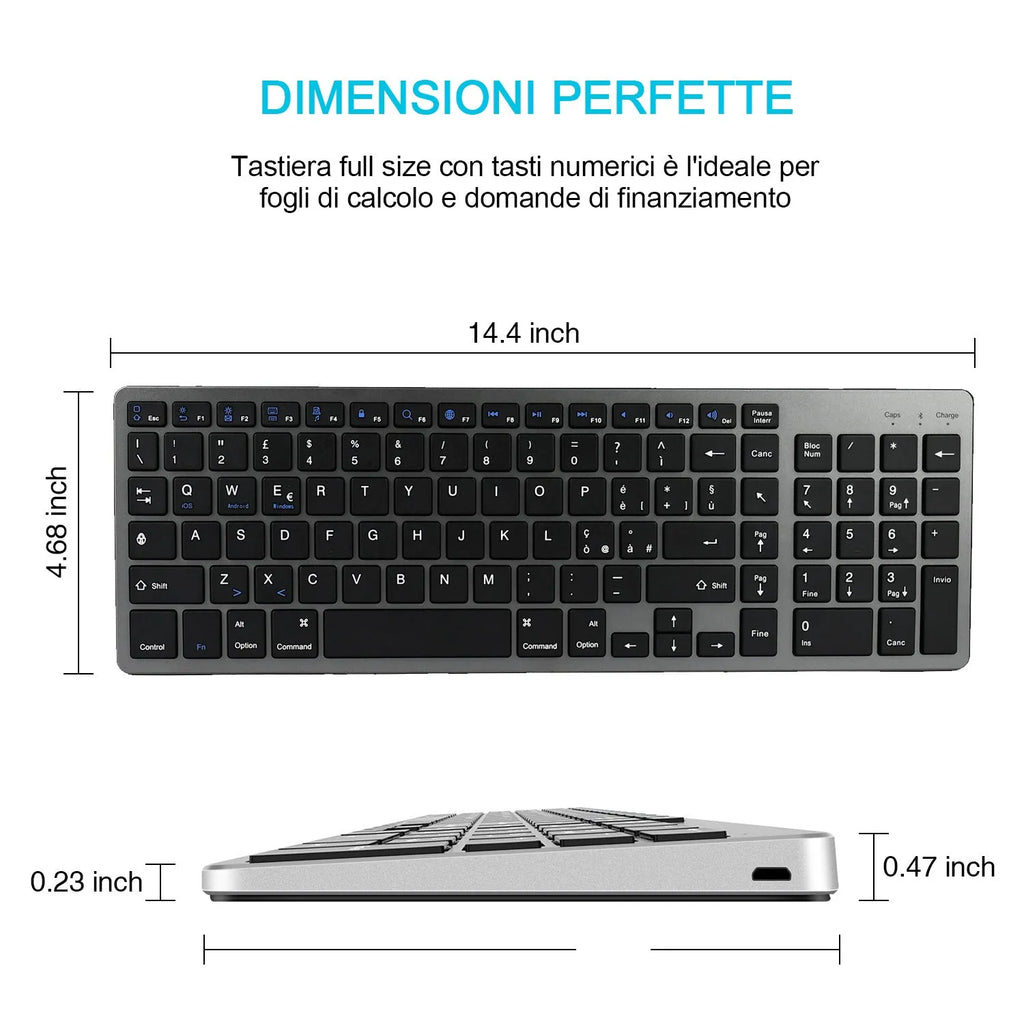 Ultra-thin grey rechargeable Bluetooth keyboard for iPad and mobile phone.