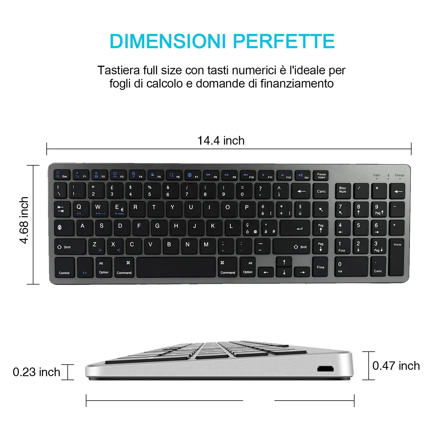 Ultra-thin grey rechargeable Bluetooth keyboard for iPad and mobile phone.