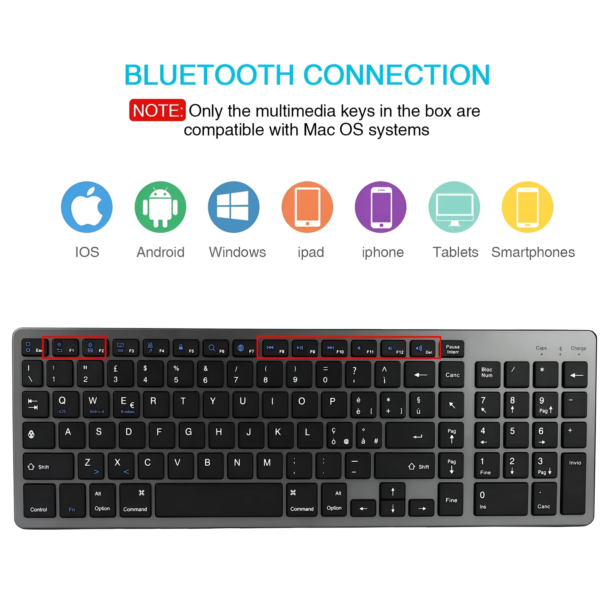 Ultra-thin grey rechargeable Bluetooth keyboard for iPad and mobile phone.