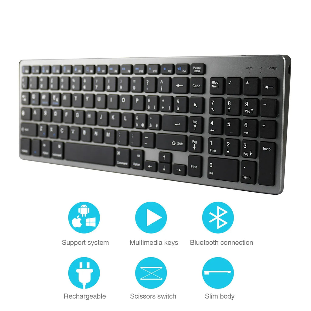 Ultra-thin grey rechargeable Bluetooth keyboard for iPad and mobile phone.