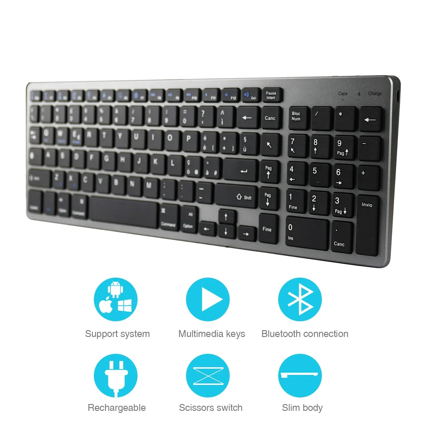 Ultra-thin grey rechargeable Bluetooth keyboard for iPad and mobile phone.