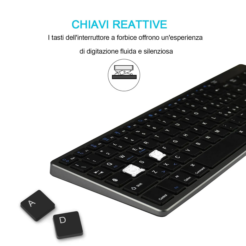 Ultra-thin grey rechargeable Bluetooth keyboard for iPad and mobile phone.