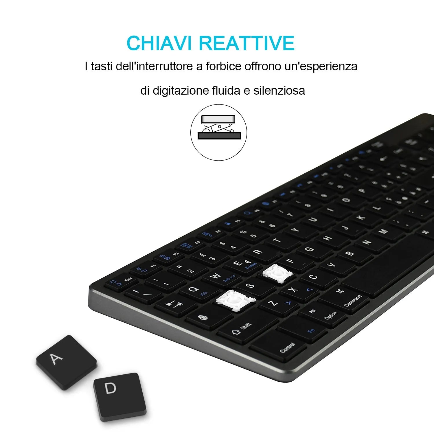 Ultra-thin grey rechargeable Bluetooth keyboard for iPad and mobile phone.