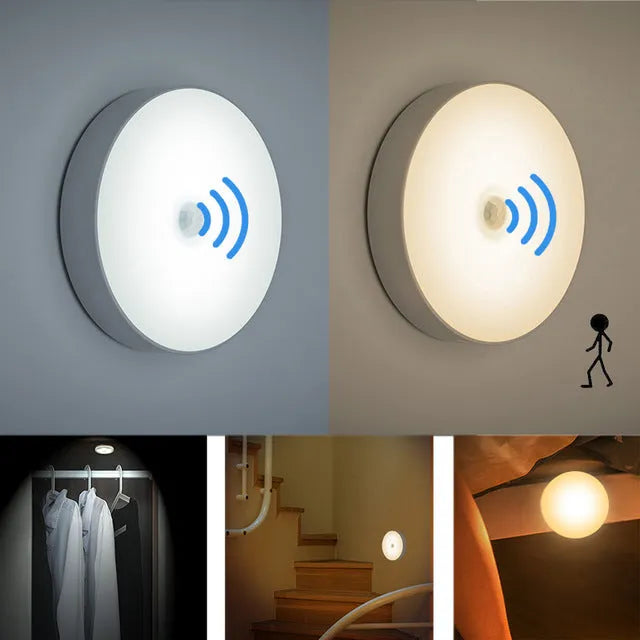 Small white circular motion sensing LED night light with USB charging port