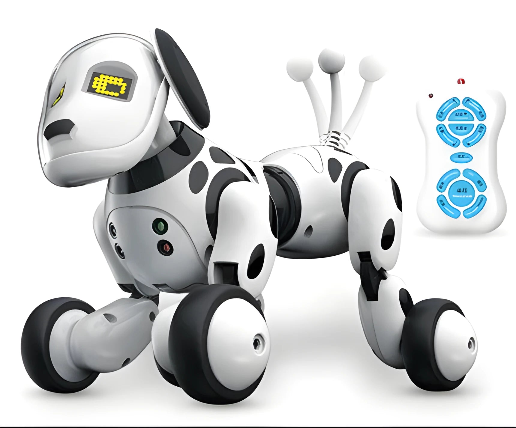 Red and black remote control smart robot dog toy with expressive eyes on a floor.