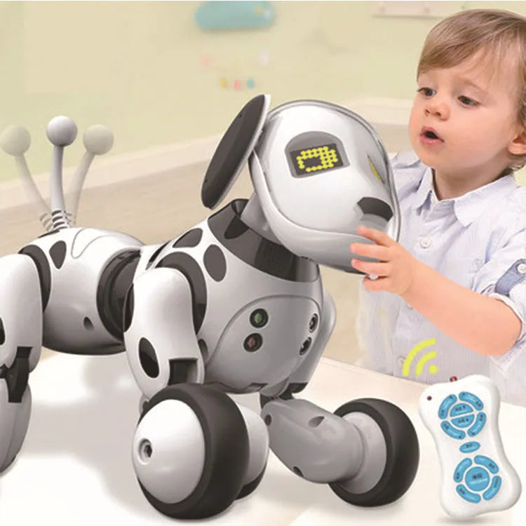 Red and black remote control smart robot dog toy with expressive eyes on a floor.