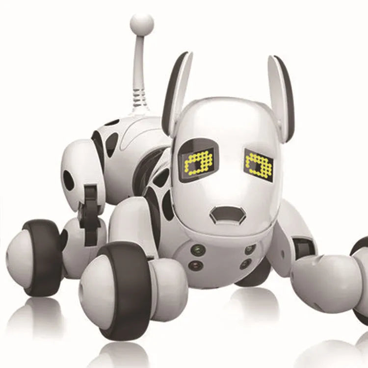 Red and black remote control smart robot dog toy with expressive eyes on a floor.