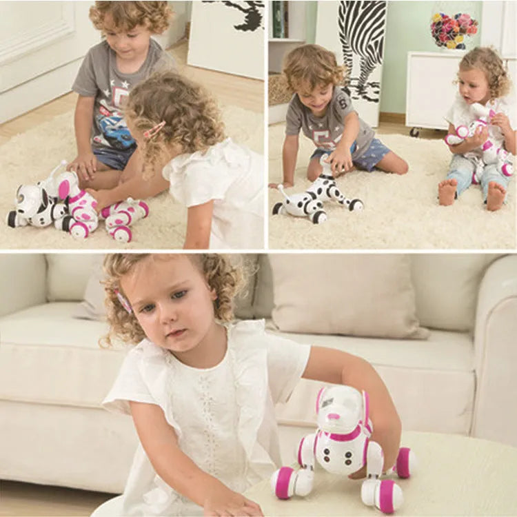 Red and black remote control smart robot dog toy with expressive eyes on a floor.