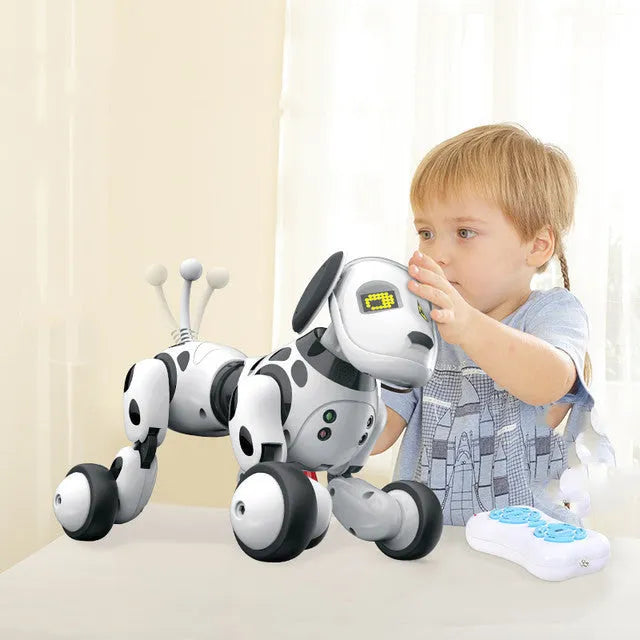 Red and black remote control smart robot dog toy with expressive eyes on a floor.