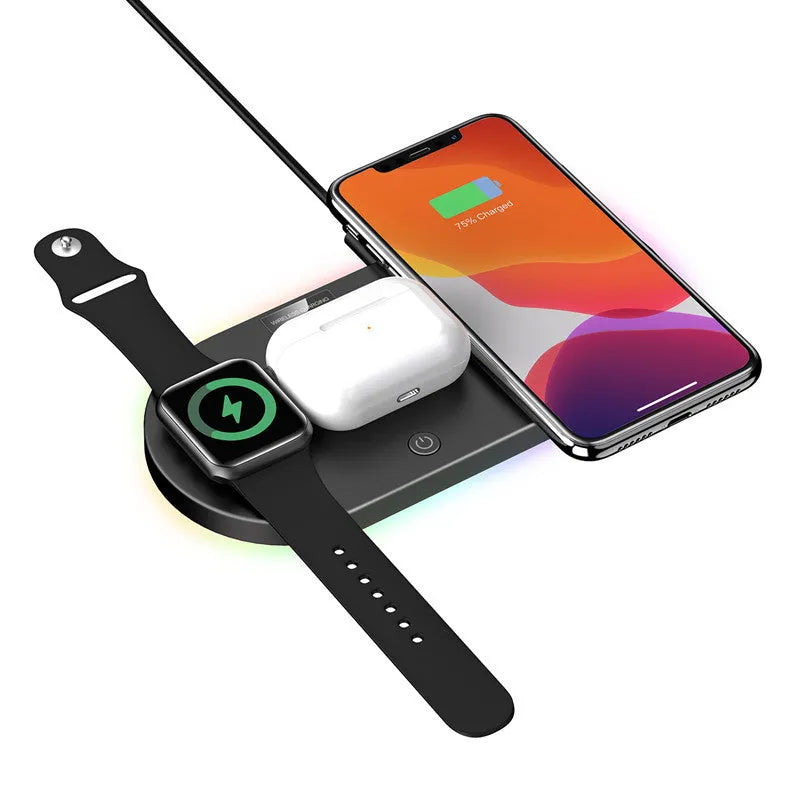 Black and white desktop wireless charger with USB ports and charging indicator light