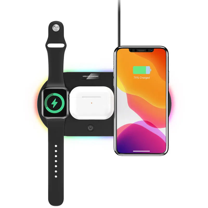 Black and white desktop wireless charger with USB ports and charging indicator light