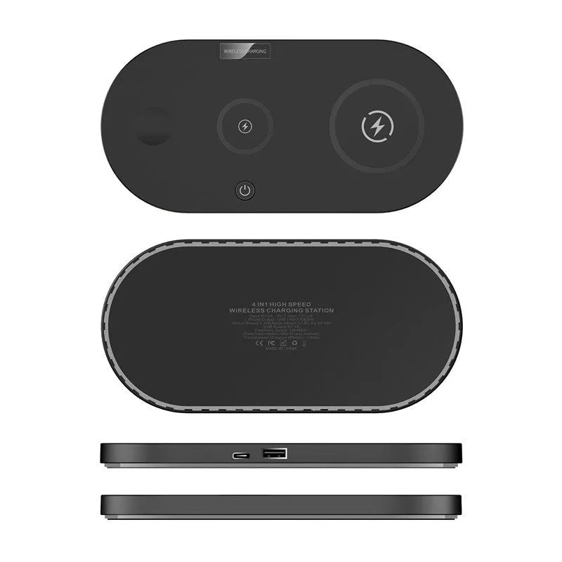 Black and white desktop wireless charger with USB ports and charging indicator light
