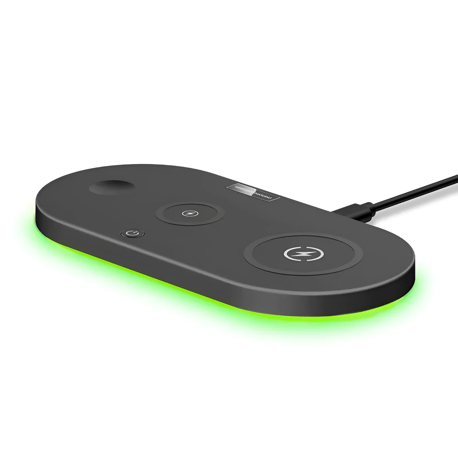 Black and white desktop wireless charger with USB ports and charging indicator light