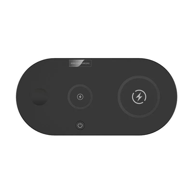 Black and white desktop wireless charger with USB ports and charging indicator light