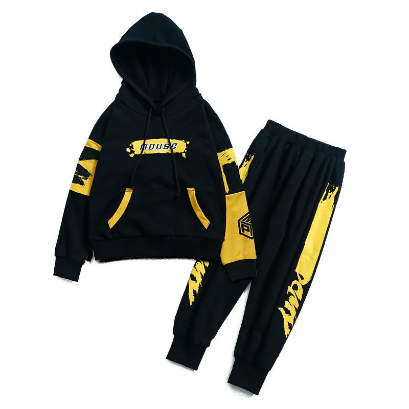 Boys' black and yellow hooded cotton tracksuit set with long sleeves and letter print.