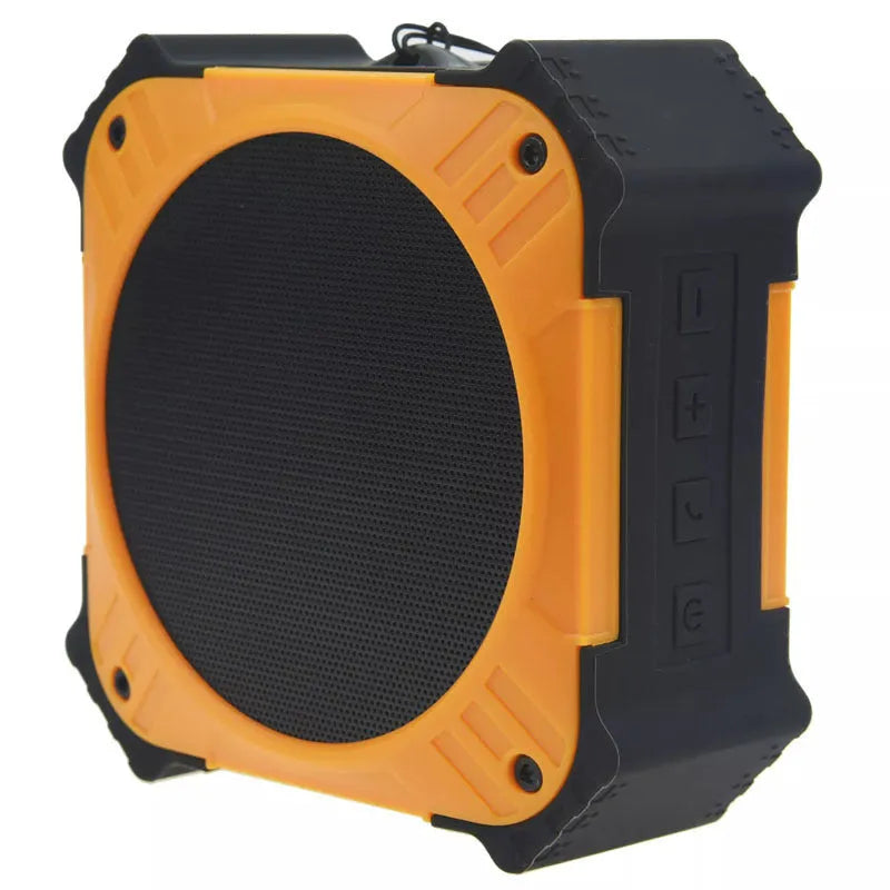 Black waterproof Bluetooth speaker showing compact cube design with control buttons and wrist strap attachment