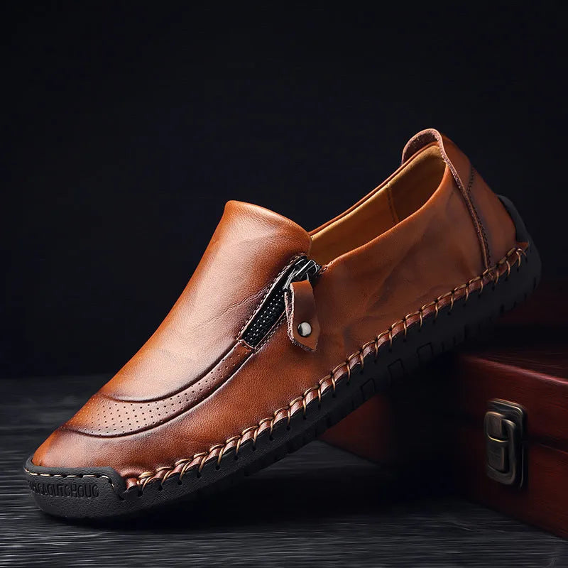 Men's casual leather shoes with artificial PU upper, round toe, flat heel, metal detail, in black
