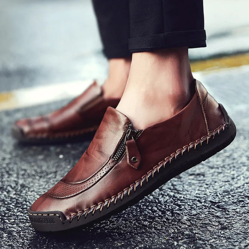 Men's casual leather shoes with artificial PU upper, round toe, flat heel, metal detail, in black
