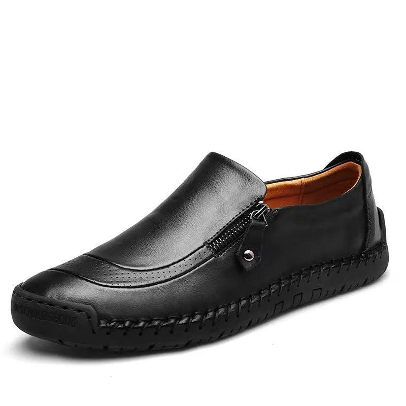 Men's casual leather shoes with artificial PU upper, round toe, flat heel, metal detail, in black