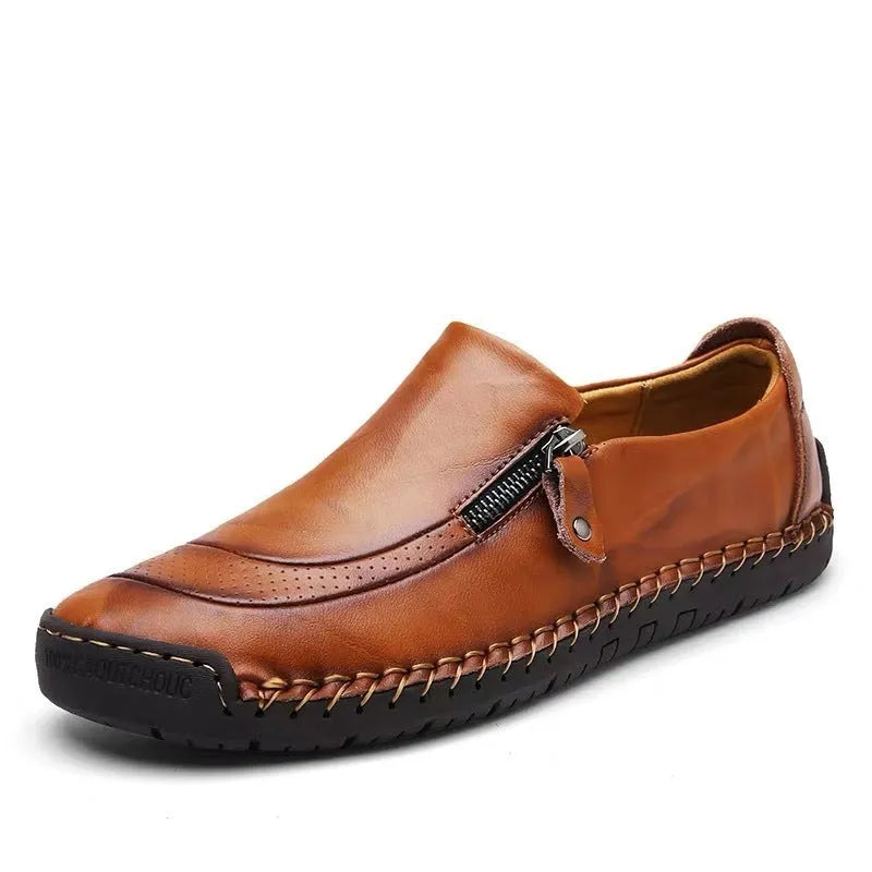 Men's casual leather shoes with artificial PU upper, round toe, flat heel, metal detail, in black