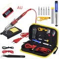 80W LCD adjustable temperature soldering iron kit with desoldering pump, five tips, stand, sponge, tweezers, wire stripper, and fabric case in black