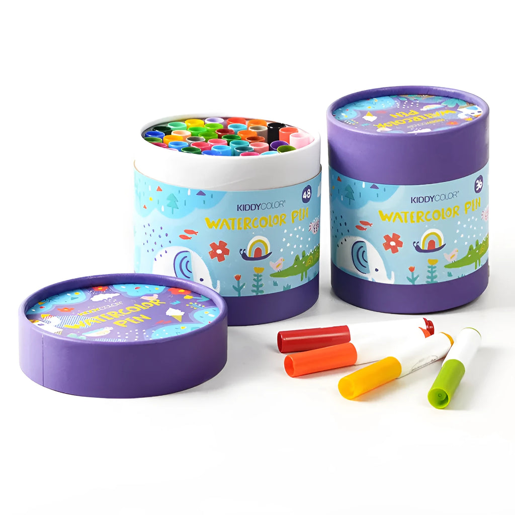 Set of children's washable watercolour brush pens in a case, showing 36 or 48 colour options with plastic barrels.