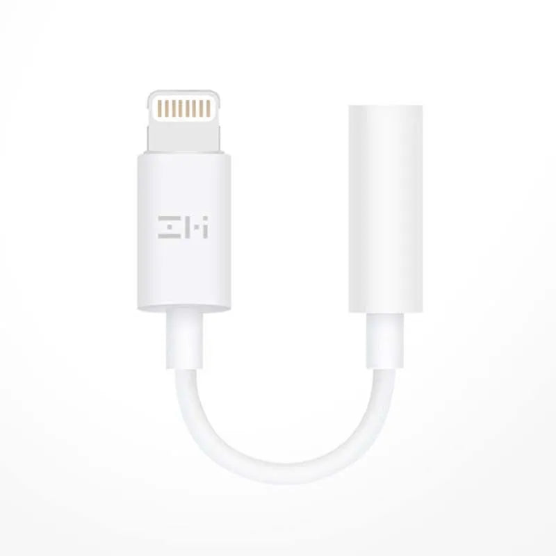 White lightning to 3.5mm audio adapter cable for iPhones showing three variant connectors