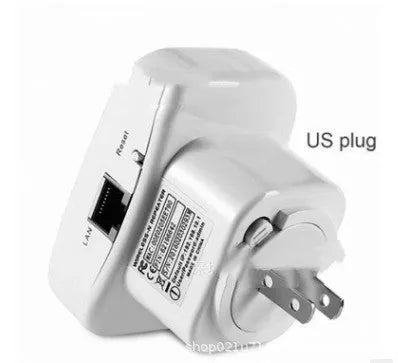 Black and white WiFi repeater with multiple international plug options and network cable