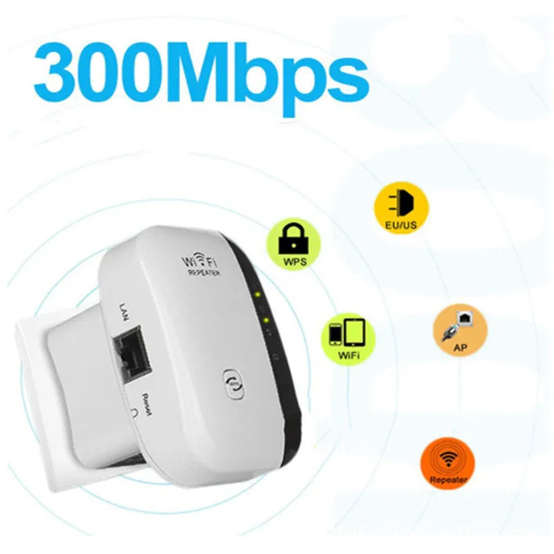 Black and white WiFi repeater with multiple international plug options and network cable