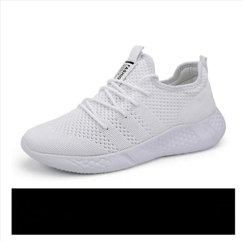 Men's black and white breathable mesh sneakers with lace-up closure and round toe