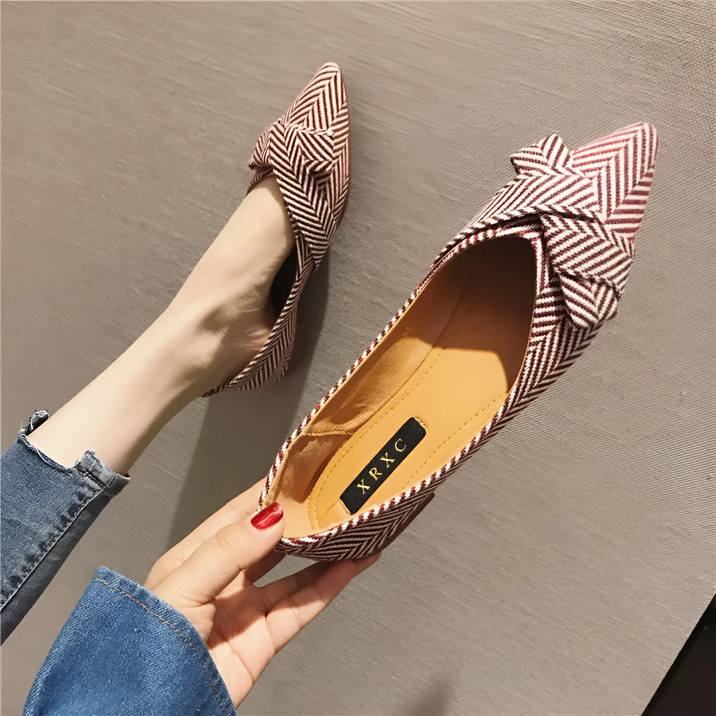 Women's pointed shallow mouth shoes in red with Korean style design and low flat heel