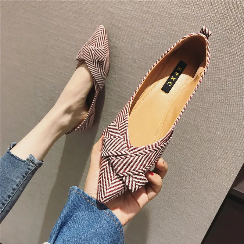Women's pointed shallow mouth shoes in red with Korean style design and low flat heel
