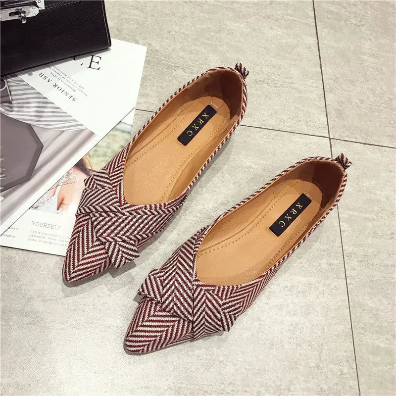 Women's pointed shallow mouth shoes in red with Korean style design and low flat heel