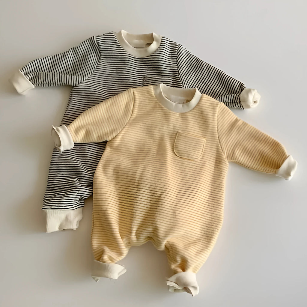 Yellow and black striped fleece-lined baby jumpsuit with long sleeves and hidden buttons.