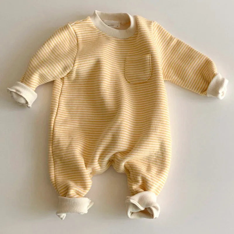 Yellow and black striped fleece-lined baby jumpsuit with long sleeves and hidden buttons.