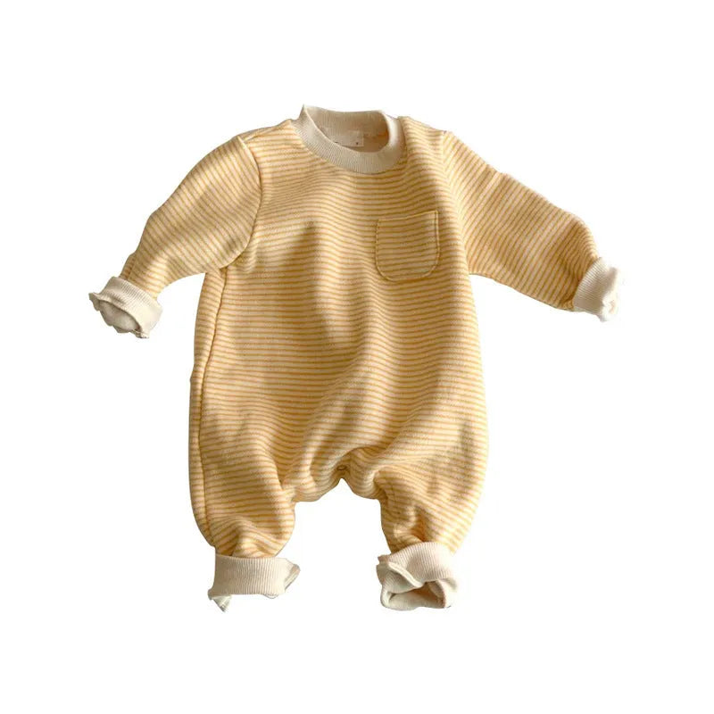 Yellow and black striped fleece-lined baby jumpsuit with long sleeves and hidden buttons.