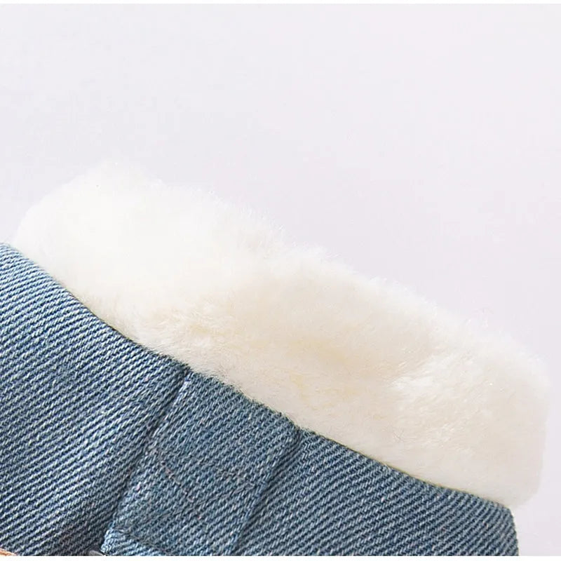 Blue denim pet coat with 3D bear pocket and wool lining for warm winter walks