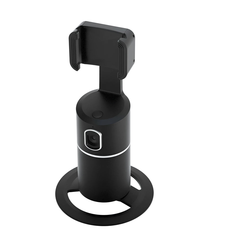 Smartphone attached to a black tracking gimbal stabiliser showing rotational movement.