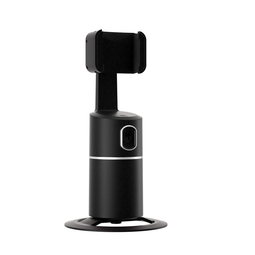 Smartphone attached to a black tracking gimbal stabiliser showing rotational movement.