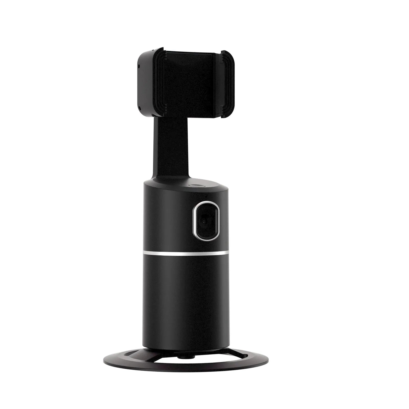 Smartphone attached to a black tracking gimbal stabiliser showing rotational movement.