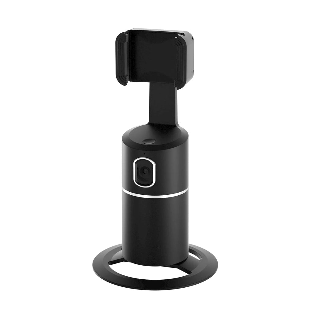Smartphone attached to a black tracking gimbal stabiliser showing rotational movement.
