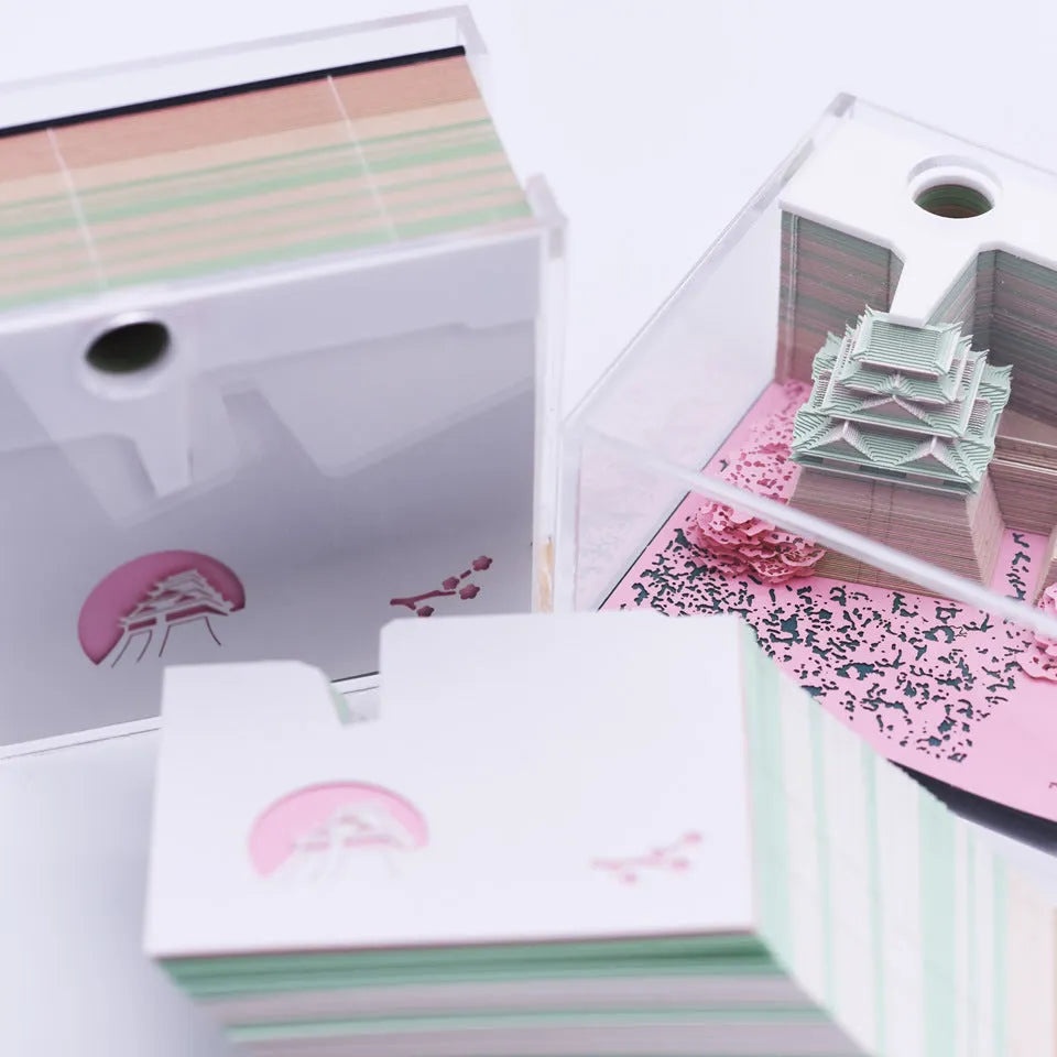 3D papercraft model of Spirited Away's Tianshou Tower in Post-it Note style, available in gold, pink, or white.